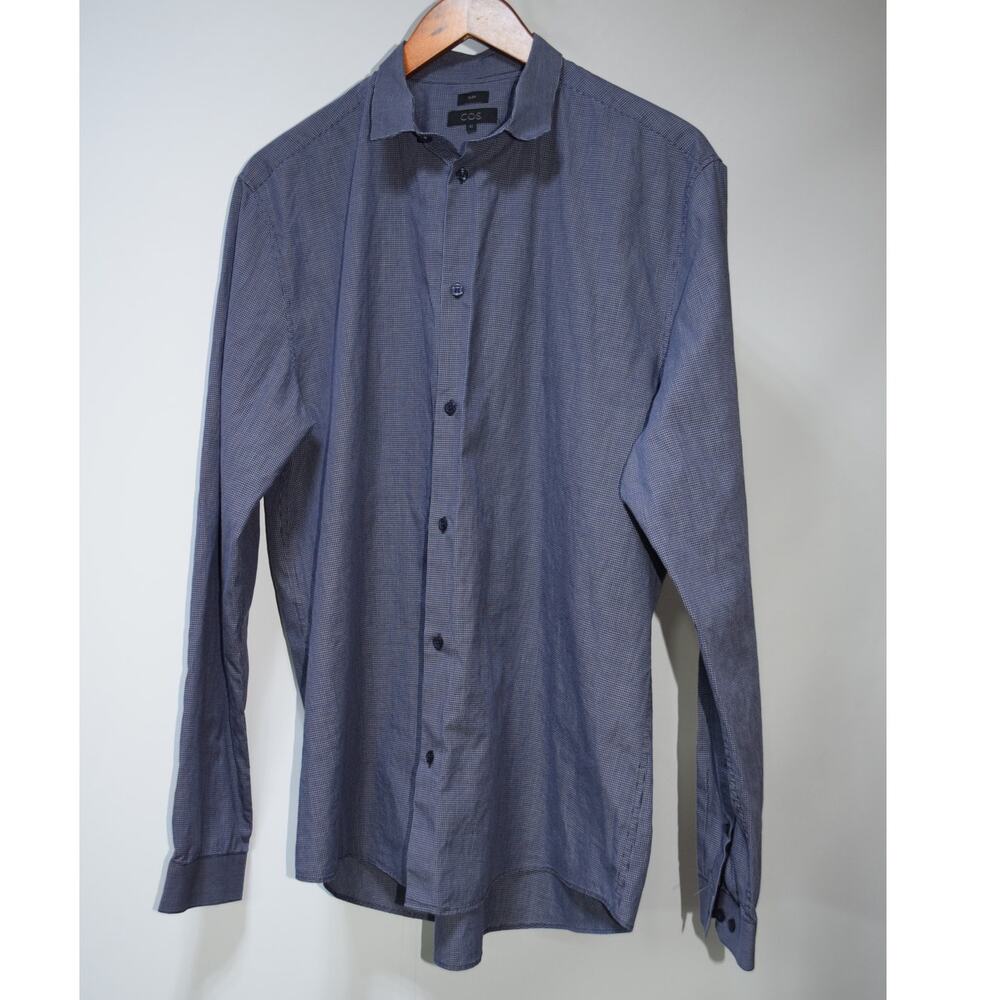 COS Men’s Slim Fit Micro Check Button Down Shirt Blue Size 42
